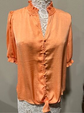 Peach-Orange Ruffle Neck Button-Front Blouse that ties in front. Summer top